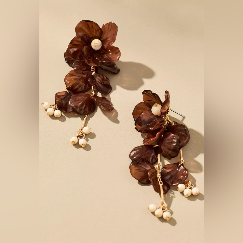 NWT Anthropologie Floral Drop Earrings Brown